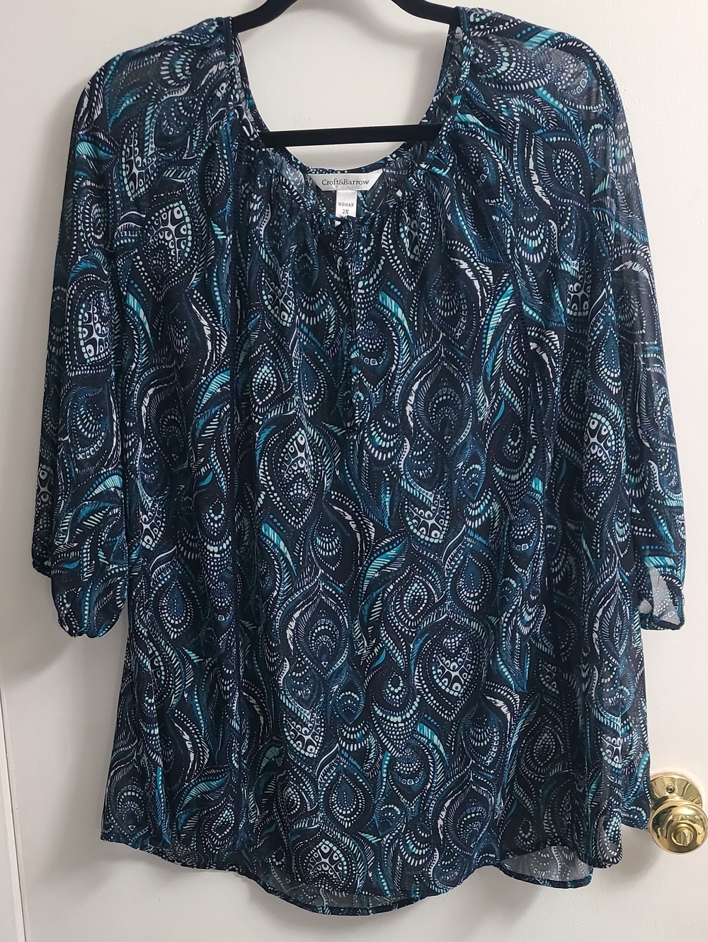 Croft & Barrow Women's Comfy Relaxed Sheer Paisley Peasant Navy/Teal Blouse S 2x